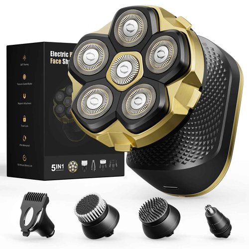 2026 New Head Shaver for Bald Men - Trimcoo 5-in-1 Magnetic Electric Trimmer with Titanium Blades | Gentle on Sensitive Scalp | IPX7 Waterproof, Powerful 8500 RPM, USB-C Charge & LED Display (Gold)