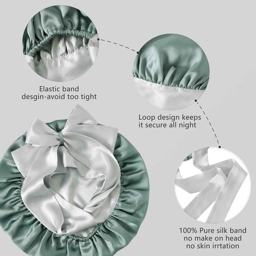 ZIMASILK 100% Mulberry Silk Bonnet for Sleeping Women Double-Layered Breathable Hair Wrap with Silk Tie Band - Reducing Hair Friction (1Pc, Grayish Green)