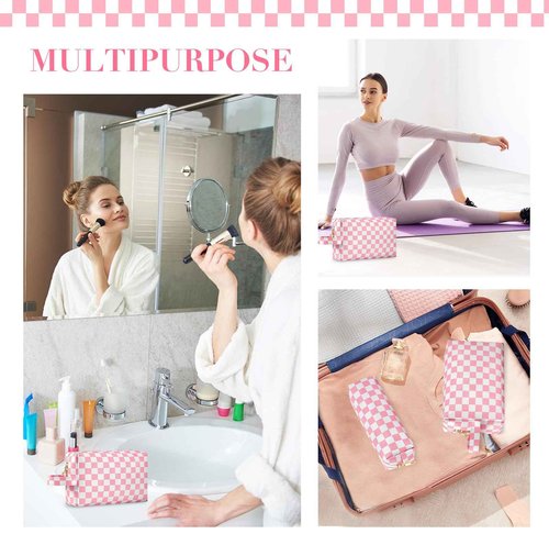 2Pcs Makeup Bag for Women, Large Checkered Cosmetic Bags with Small Makeup Brushes Bag Set, Cute Leather Make Up Organizer with Zipper, Travel Skincare Toiletry Storage Pouch for Teen Girls Gift(Pink)