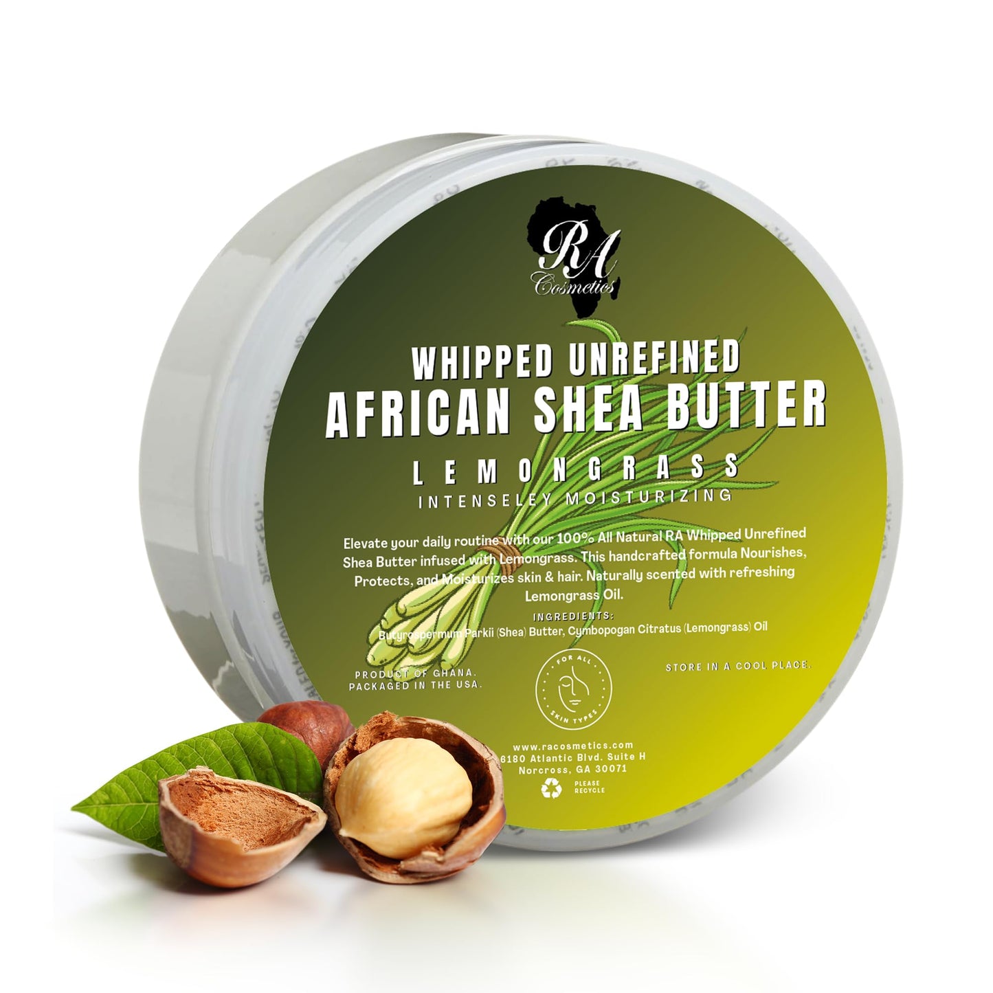 RA COSMETICS Whipped Shea Butter Lemongrass - 100% Pure and Natural African Shea Butter - Ultimate Handcrafted Moisturizer with Essential Vitamins for Radiant Skin and Luscious Hair - 6oz Jar