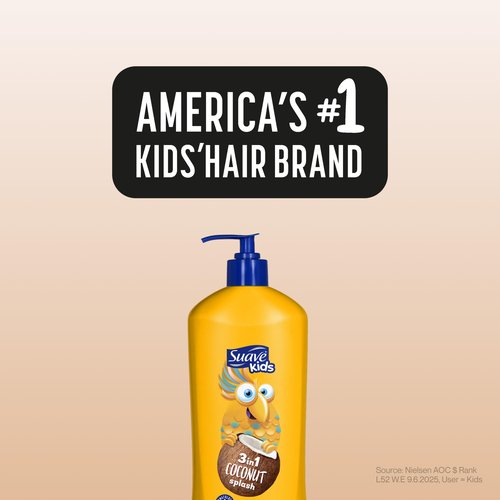 Suave Kids 3-in-1 Tear Free, Body Wash, Shampoo and Conditioners, Dermatologist Tested, Coconut Splash, 18 Oz Pack of 6