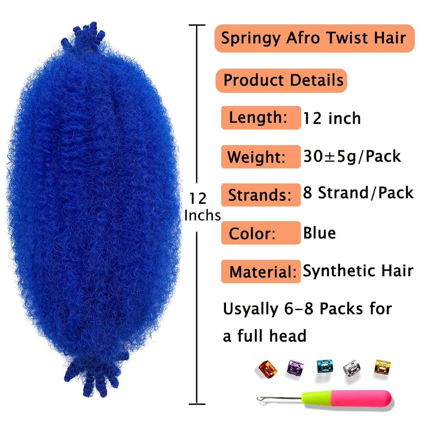 3 Packs Springy Afro Twist Hair 12 Inch Marley Twist Braiding Hair Wrapping Hair for Soft Locs Crochet Hair Pre Fluffed Marley Kinky Braiding Hair Synthetic Extensions (Blue#, 12 Inch(Pack of 3))