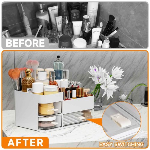 SuoXing White Make up Organizers for Vanity,Large Plastic Bathroom Counter Organizer With Drawers,Skincare Organizers and Cosmetic Storage for Dresser Top Skin Care,Beauty Products and Brush Holder
