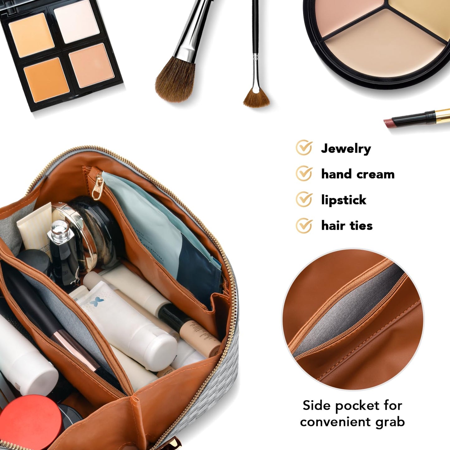 stona Travel Makeup Bag for Women, Large Capacity PU Leather Waterproof Checkered Cosmetic Bags, Portable Pouch Open Flat Toiletry Bag, Make up Organizer with Divider and Handle