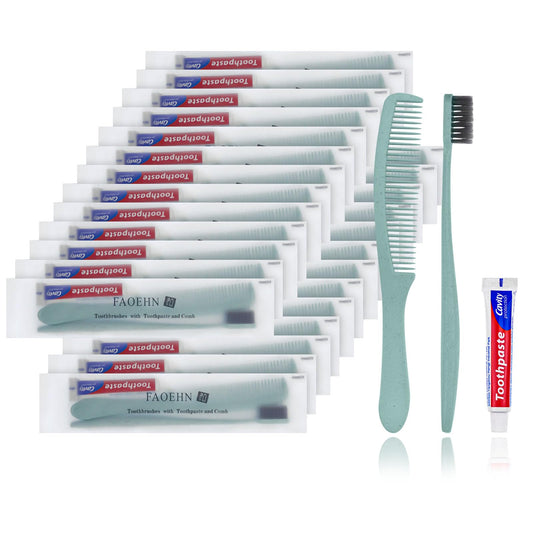 FAOEHN 10 Pack Green Disposable Toothbrushes with Toothpaste and Comb Set,10g Toothpaste,7inch Hair Comb,Individually Wrapped Disposable Travel Size Toothbrushes in Bulk for Homeless,Airbnb,Hotel