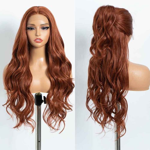 Rebecca Q Long Wavy Synthetic Lace Front Wig for Women 30 inches Middle Part Natural Hairline Heat Resistant Fiber Wigs for Daily Party (Ginger)