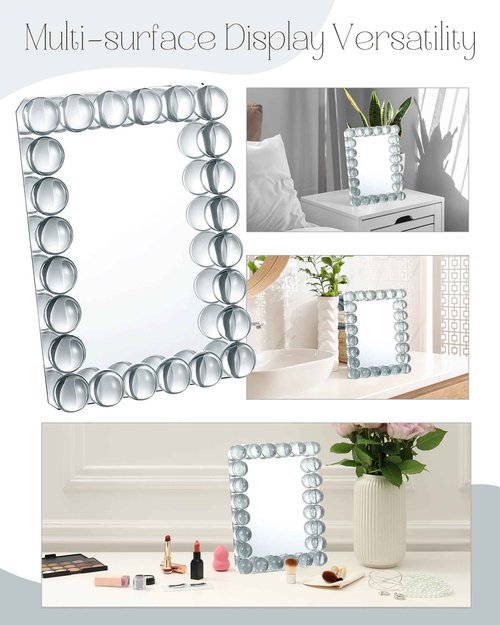 Wonderjune 9.45 x 7.09 Inch Vanity Table Mirror Bubble Crystal Framed Desk Makeup Mirror Beaded Standing Room Decor for Dressing Tabletop Living Room Bedroom Office Home