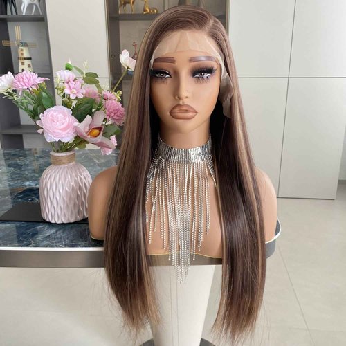 Carkira Long Brown Wig with Blonde Highlight 13x6 Lace Front Wigs Ombre Dark Root Silk Straight Synthetic Fiber 24Inch Pre Plucked for Women Girls