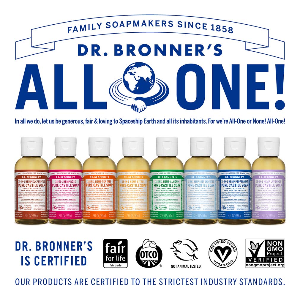 Dr. Bronner's - Pure-Castile Liquid Soap (Peppermint, Travel Size, 2 ounce) - Made with Organic Oils, 18-in-1 Uses: Face, Body, Hair, Laundry, Pets and Dishes, Concentrated, Vegan, Non-GMO