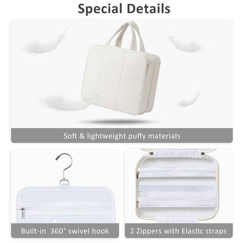 HBlife Travel Toiletry Bag with Jewelry Organizer for Women, Puffy Hanging Travel Bag for Toiletries with Trolley Belt, Waterproof Makeup Cosmetic Bag, Travel Accessories Essentials(Beige, L)