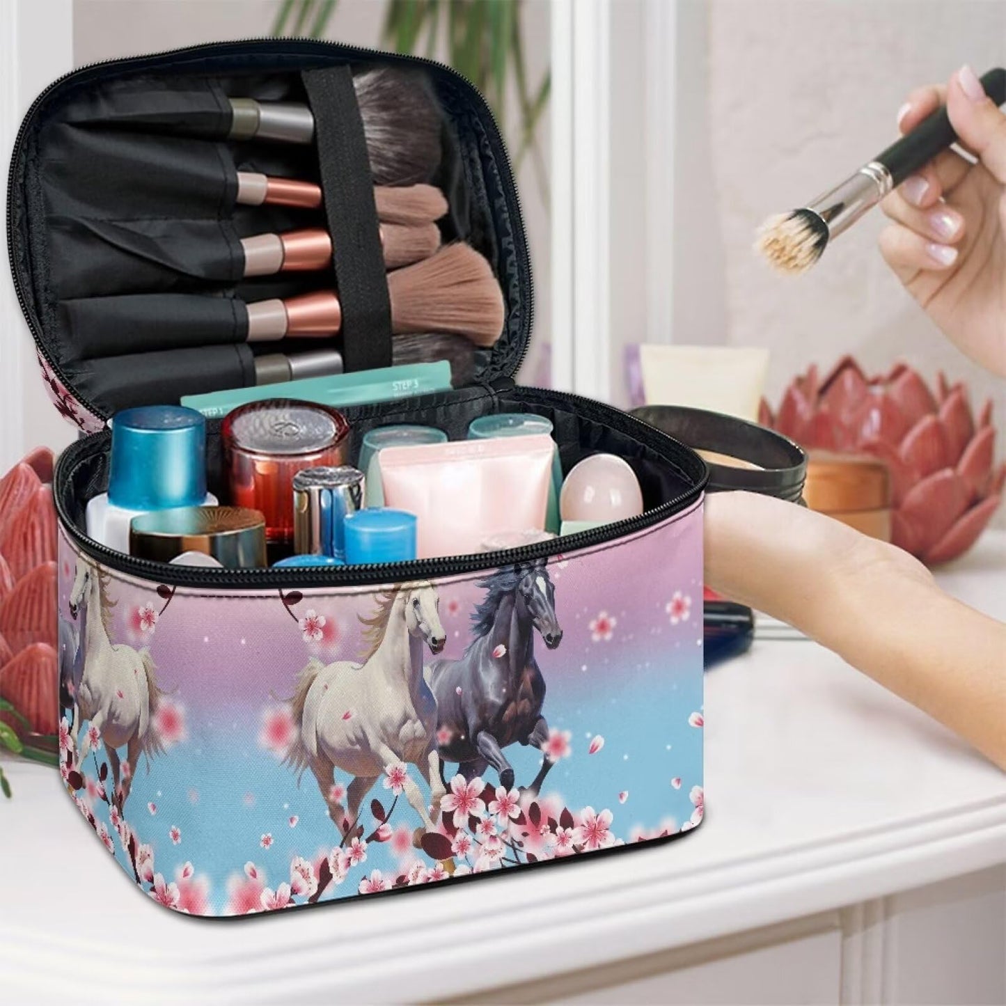 ELEDIZI Horse Makeup Bag for Women Pink Cherry Blossom Cosmetic Bag with Brush Slot Make Up Travel Bag Organizer Large Capacity Toiletry Bag with Zipper Travel Size Skincare Bag Travel Gifts for Women