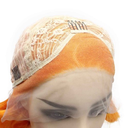 Peakia Short Wavy Wig Orange Half Hand Tied Lace Frontal Wigs Synthetic
