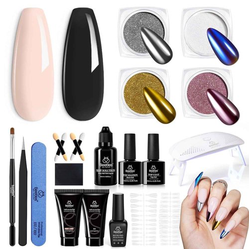 Beetles Poly Nail Extension Gel Kit with UV Lamp+Beetles Neon Gel Nail Polish Set 6 Colors Glitter Purple Pink Black