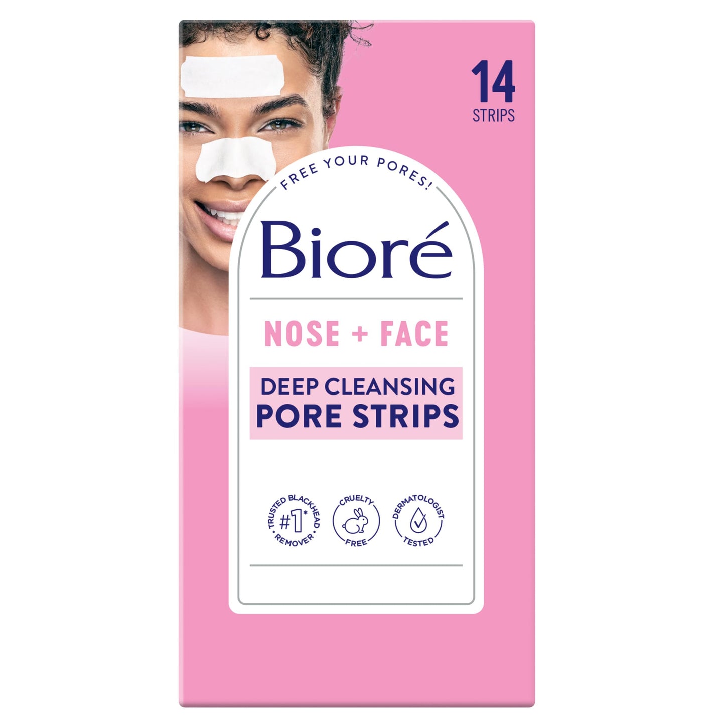 Bioré Nose+Face, Deep Cleansing Pore Strips, 7 Nose + 7 Chin or Forehead, with Instant Blackhead Removal and Pore Unclogging, 14 Count, Oil-free, Non-Comedogenic Use