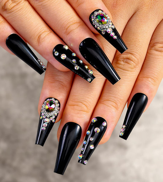 Artquee 24pcs Press on Nails Luxury Gem Black Ballerina Rhinestones Long Coffin Glossy Fake Nails False Tips Manicure for Women