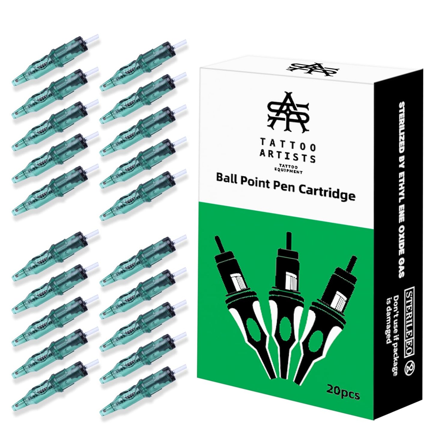 Peslief 20PCS Ballpoint Pen Tattoo Cartridges 2023 New Tattoo Cartridge Needles for Practice Dotwork Drawing on Papers Tattoo Pen Cartridges with Liner Shader for Tattoo Machine Tattoo Tools Green