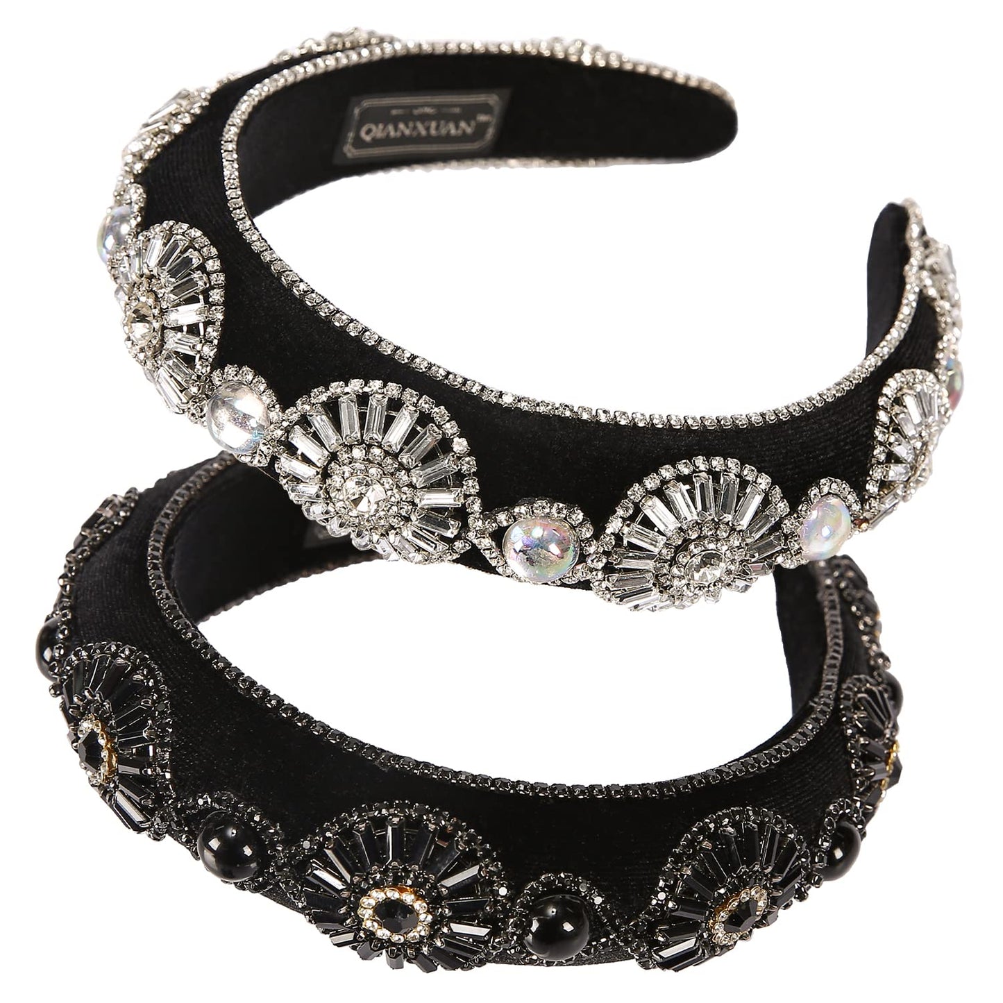 QIANXUAN Crystal Rhinestone Headbands For Women White Pearl Headbands For Girls Padded Headband Black Velvet Jewelry Chain Hairband Handmade Pearly Flower Retro Filling Diamond Hair Accessories