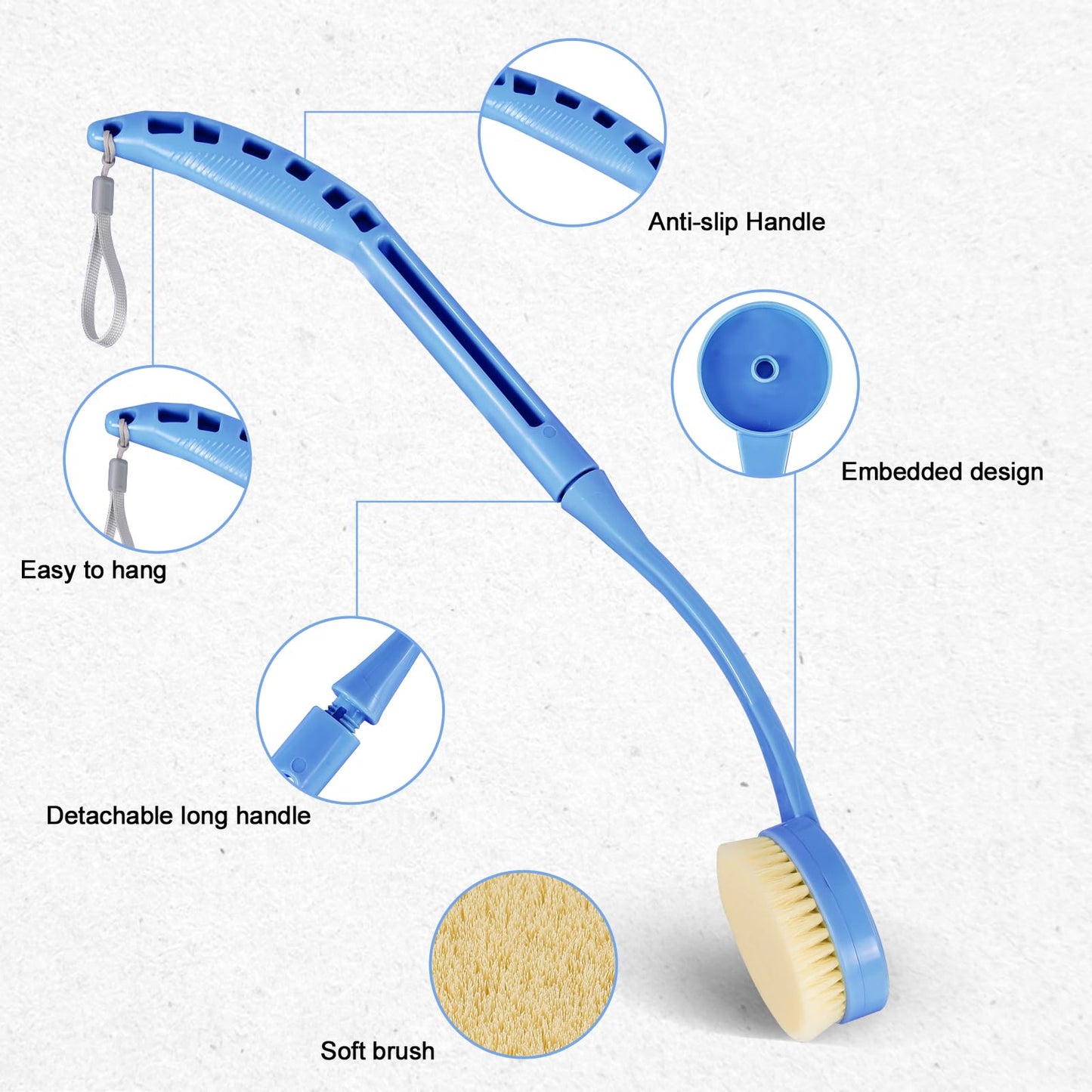 Back Scrubber for Shower, 20.5” Back Brush Long Handle for Shower, Detachable Body Exfoliator for Bath or Dry Brush for Elderly with Limited Arm Movement, Disabled (Blue)