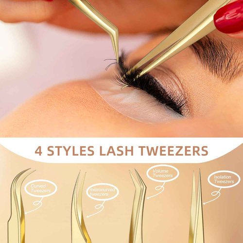 FungChoi 4-Piece High Precision Eyelash Extension Tweezers Set, Straight and Curved Lash Tweezers for Extensions, Volume Lash Tweezers for Crafting, with Iron Box Packaging