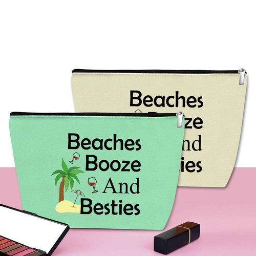 2Pcs Beach Gifts for Women Makeup Bag Beach Lover Gifts Funny Vacation Gift Cosmetic Bag Beach Themed Gift for Girl Bestie Birthday Christmas Graduation Gift for Beach Lover Travel Pouch (Green,Beige)