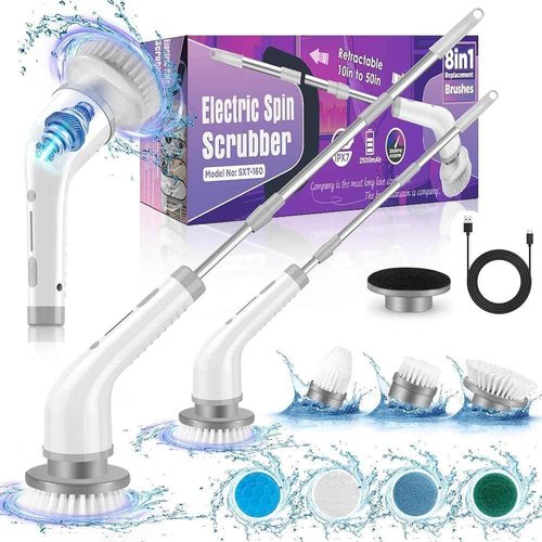 Electric Spin Scrubber, 2 Spin Speeds Cordless Shower Scrubber with 7 Replaceable Brush Heads & Adjustable Extension Arm, Shower Cleaning Brush for Bathtub Tile Floor