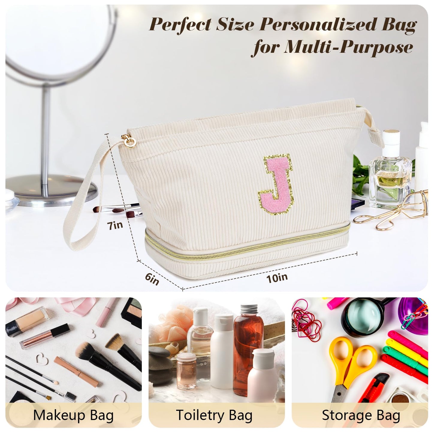 Travel Makeup Bag, Personalized Large Double Layer Make Up Gift Cosmetic Bag for Women, Initials Wide-open Makeup Pouch Organizer Bag for Girls, Roomy Makeup Travel Bags - Z