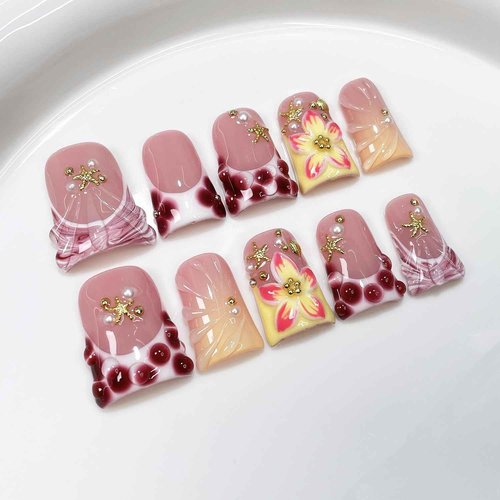 Duck Handmade Press on Nails Short Muti-Layer Gel False Nail Kit Blue Pink French Tip Fake Nails with 3D Flower Starfish and Pearl Design Luxury Artificial Full Cover Stick on Nails for Women (Size S)