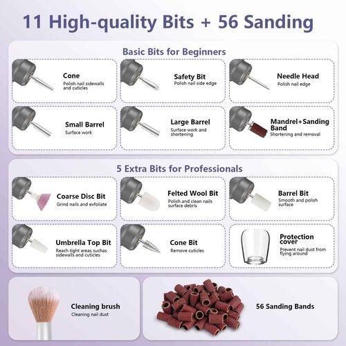 TUOBEO Cordless Nail Drill Electric Rechargeable File Kit, Professional Efile Acrylic Gel Nail Polish Remover Pedicure Manicure Machine Portable Set with 11 Bits 56 Sanding Bands for Salon Home Gray