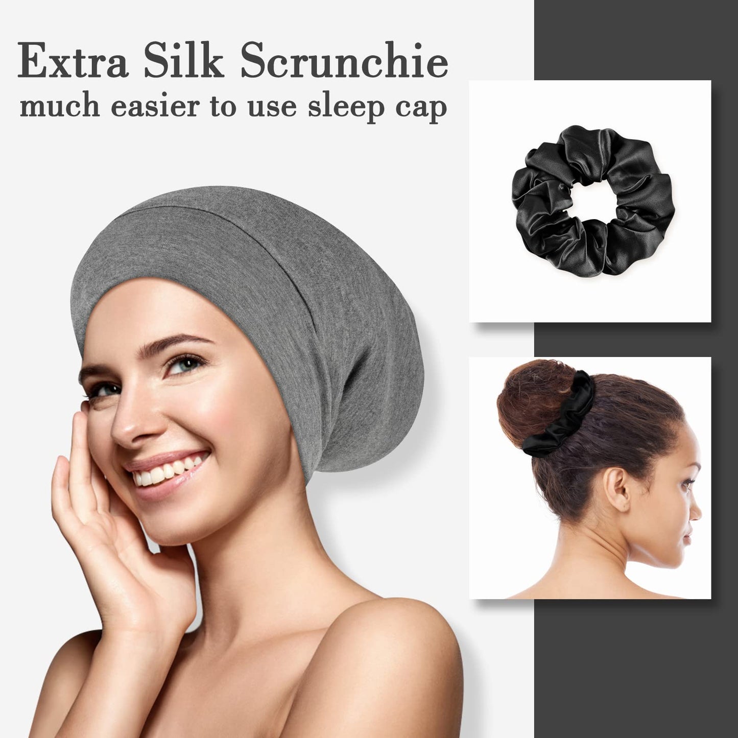 LULUSILK Mulberry Silk Bonnet for Sleeping Women, Real Silk Sleep Cap for Curly Hair and Braids, Pure Silk Head Wrap with Scrunchies, Grey