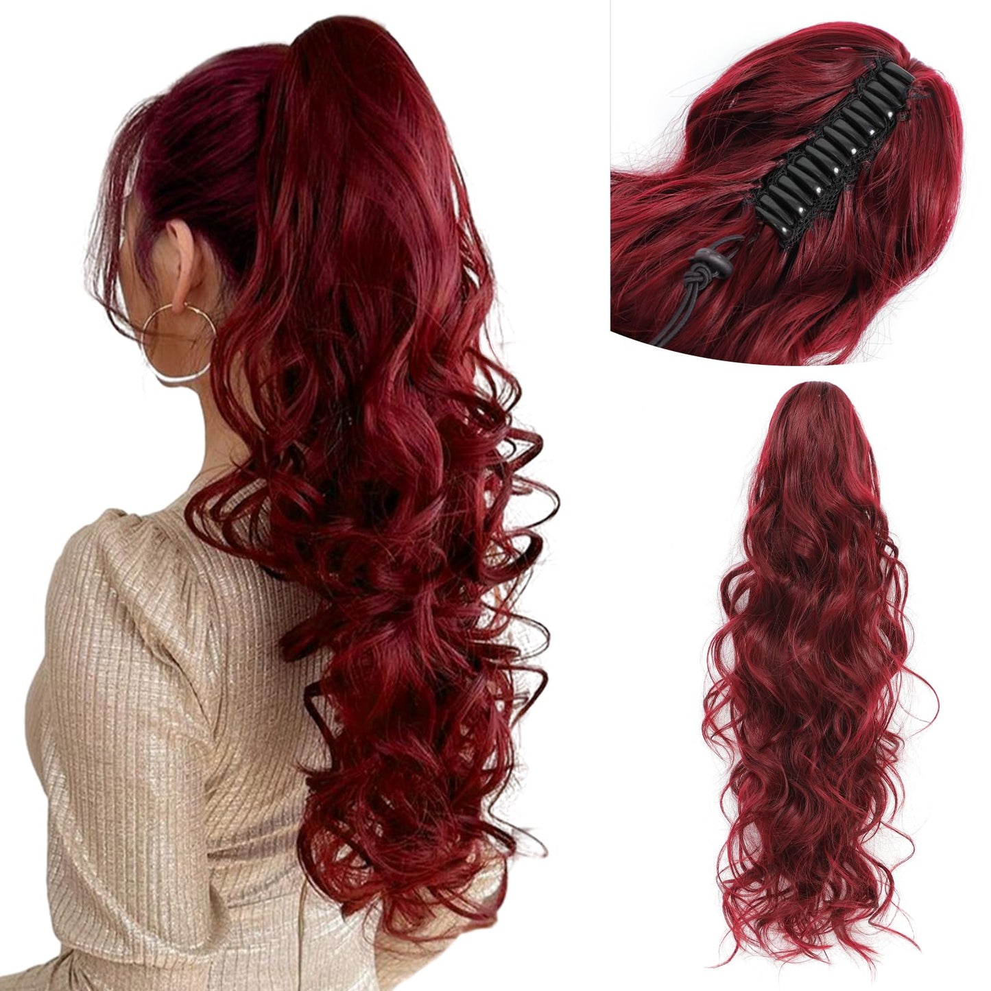 MORICA Burgandy Ponytail Extension Claw Ponytail Extension 24" Wavy Curly pony tails hair extensions Fake Hair Pieces for Women（24Inch，99J#）