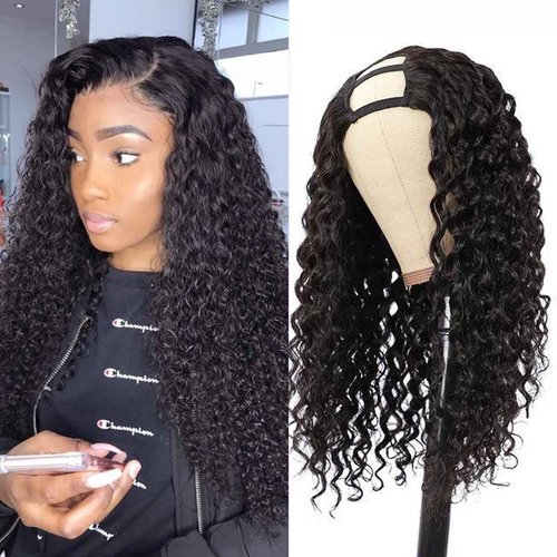huarisi U Part Wig Human Hair Curly Wave for Black Women, 100% Unprocessed Brazilian Hair, Glueless Full Head Clip in Half Wigs, 150% Density Natural Color 14 Inch