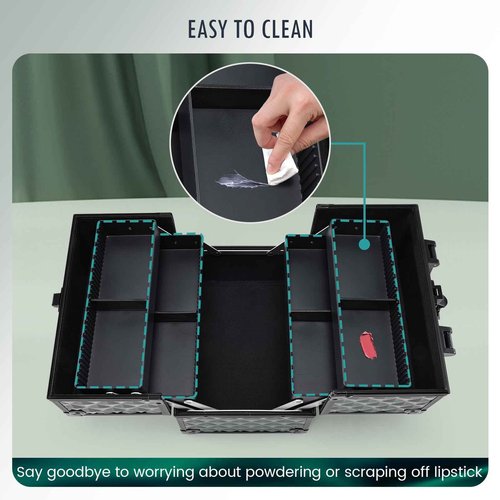 FRENESSA Makeup Case Makeup Box Cosmetic Train Cases Portable Make Up Artist Travel Case Storage Box 4 Trays with Dividers Lockable Hard Makeup Box Craft Nail Kits Case Drak Green