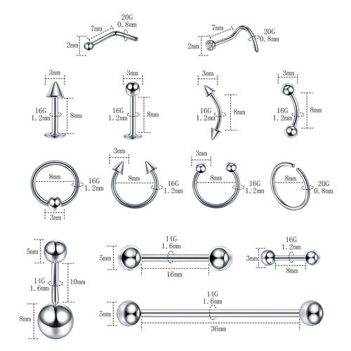 ChiMunllin 120PCS Body Piercing Kit Surgical Steel 14G 16G 20G BCR CBR Labret Lip Rings Cartilage Daith Earrings Nose Septum Nose Studs Belly Button Rings Jewelry Needles Gloves Clamps Tools