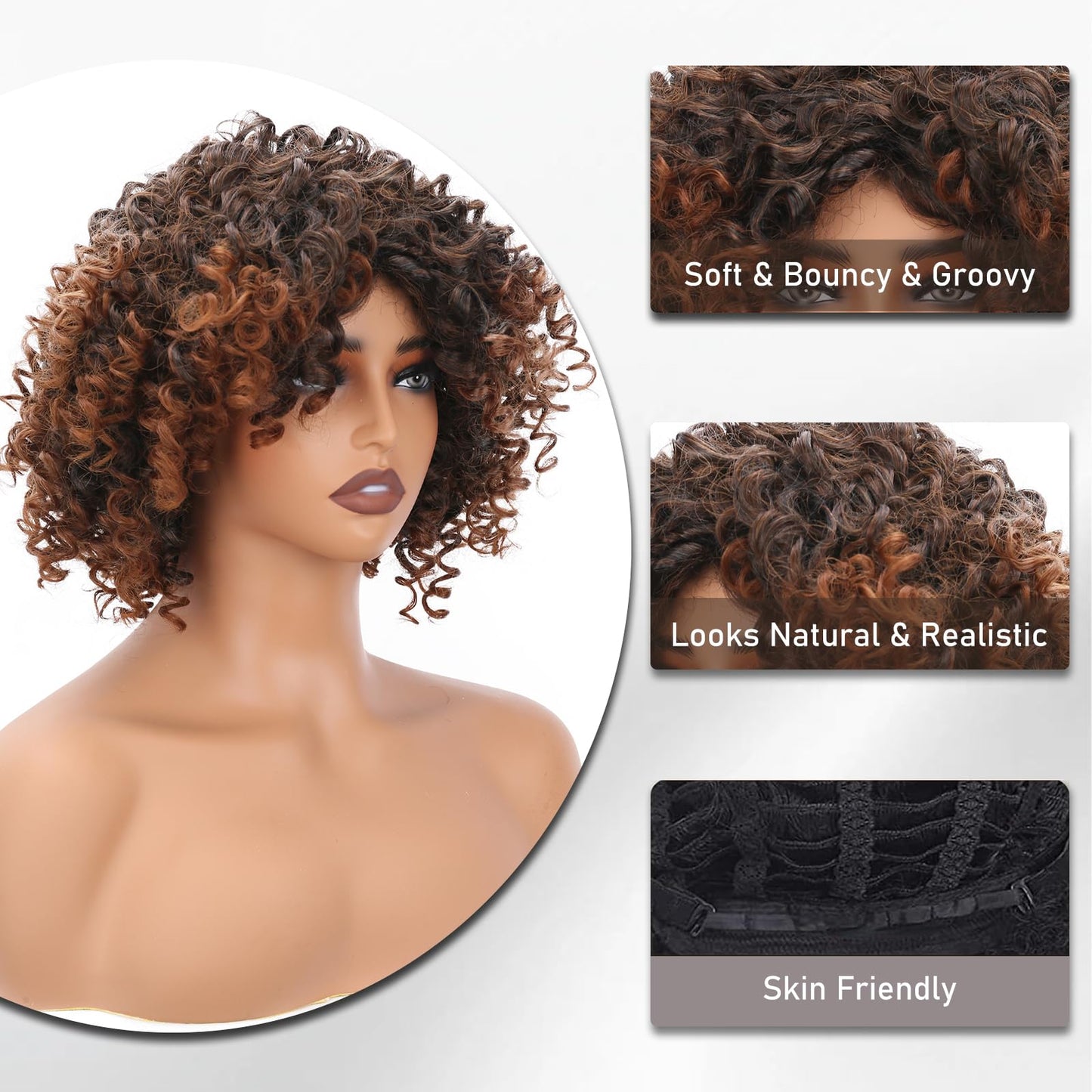 ihkwlma Afro Kinky Curly Wigs for Black Women Glueless Synthetic Short Curly Afro Wig with Bangs Ombre Brown 12 Inch