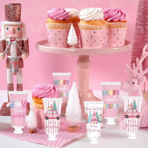 50 Pcs Christmas Hand Cream Set Christmas Hand Lotion Bulk Travel Size Winter Scented Hand Lotion for Women Mom Girls, Unique Christmas Stocking Stuffers (Pink)