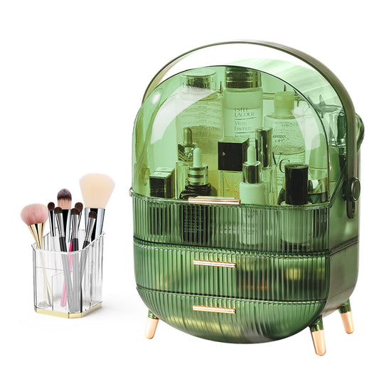 Make up Organizers and Storage, Makeup Organizer with Brush Holder for Vanity, Cosmetics Skincare Organizers with Lid & Drawers, Cosmetic Display Cases for Countertop, Bathroom, Gifts for Women(Green)