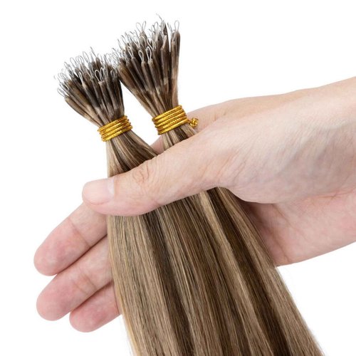 TESS Nano Bead Human Hair Extensions, Nano Ring Hairpieces Nano Tip Hair Extensions Pre-Bonded Seamless Look 50pcs/pack, 18 inch, #4RP27R Chocolate Brown Mixed Light Brown
