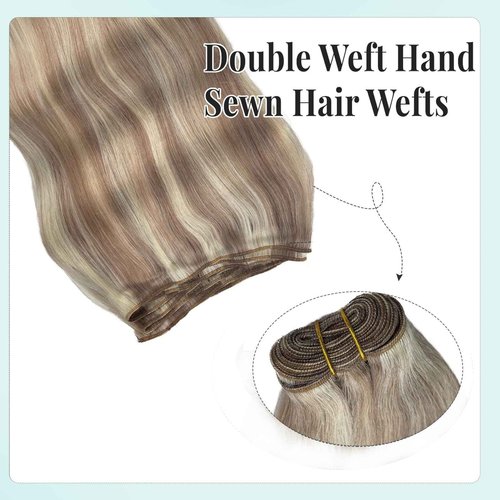 Sew in Hair Extensions Real Human Hair, Ombre Brown to Platinum Blonde Highlighted Weft Hair Extensions Human Hair 80G Double Weft Hand Tied Human Hair Extensions Sew in Bundles 16 Inch