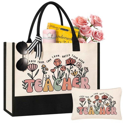 Tecanne Teacher Appreciation Gifts, Canvas Tote Bag and Makeup Bag Set for Women, Thank You Christmas Gift from Student