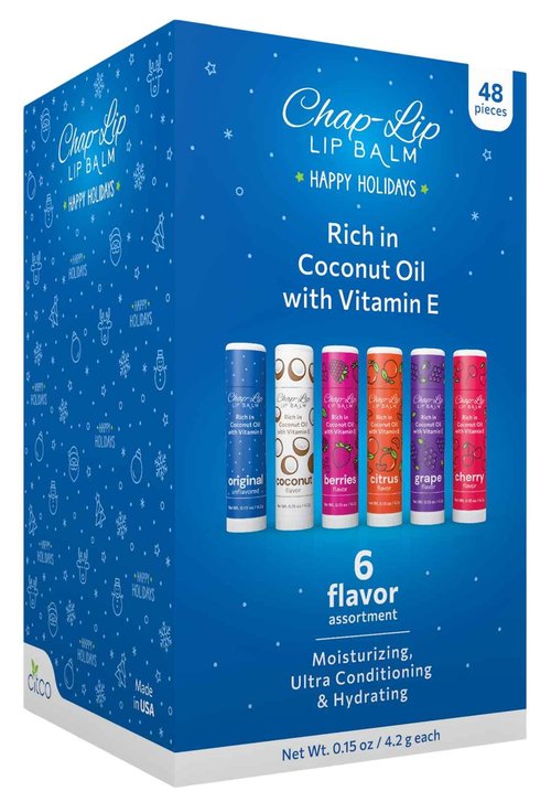 Chap-Lip Lip Balm Rich in Coconut Oil & Vitamin E - Moisturizing, Ultra Conditioning & Hydrating - Total Lip Moisturizer & Lip Therapy Treatment - Happy Holidays 6 Flavor Assortment, 48 Count