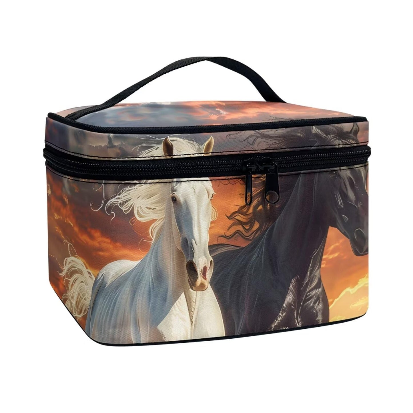 Psaytomey Cosmetic Brush Bags Case for Women Black White Horse Printed Travel Makeup Bags for Storage Brush Tools Concealer Lipsticks Toiletries Accessories