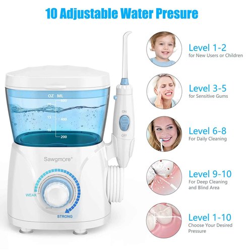 Sawgmore Water Flosser Oral Irrigator, 600 ml Large Capacity, 10 Adjustable Pressures, Electric Flosser for Teeth/Braces, 8 Home Nozzles Oral Irrigator(White)