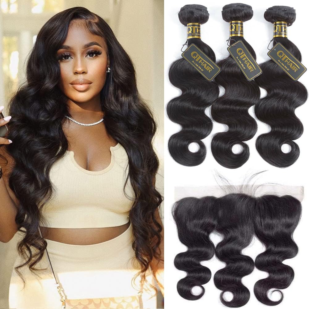 QTHAIR 14A Grade Brazilian Body Wave Human Hair Bundles with 13x4 Frontal (20 20 22+18)100% Unprocessed Brazilian Body Wave Virgin Human Hair with 13x4 Ear to Ear Lace Frontal Pre Plucked