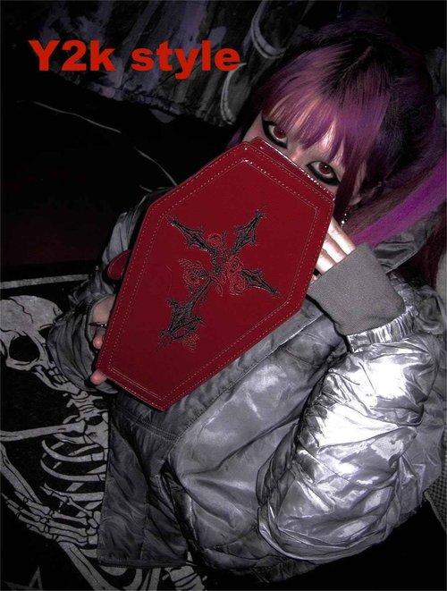 RRISETAG Goth Makeup Bag PU Leather Coffin Bag Halloween Purses Goth Purse Coffin spooky purses for women red y2k purse