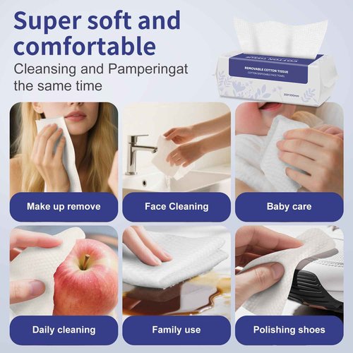 Soft Dry Wipe 6 Pack, 100% Cotton Face Tissues, Lint Free Facial Cleansing Towels, Extra Thick Dry and Wet Use for Cleansing,Sensitive Skin, Makeup Removing, Surface Cleaning