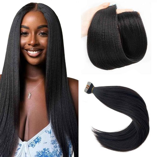 Yaki Straight Tape in Hair Extensions Human Hair - 20 Inch Seamless Light Yaki Tape in Extensions Double Sided Relaxed Straight Black Hair Extensions Tape ins #1B Natural Color 50grams 20pcs