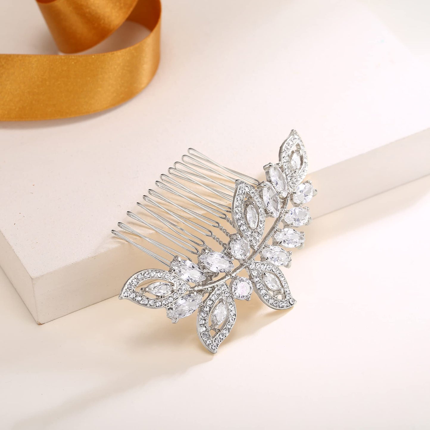 EVER FAITH Wedding Cubic Zirconia 5 Leaf Wing Hair Comb for Women, Elegant Marquise CZ Hair Accessories Clear Silver-Tone