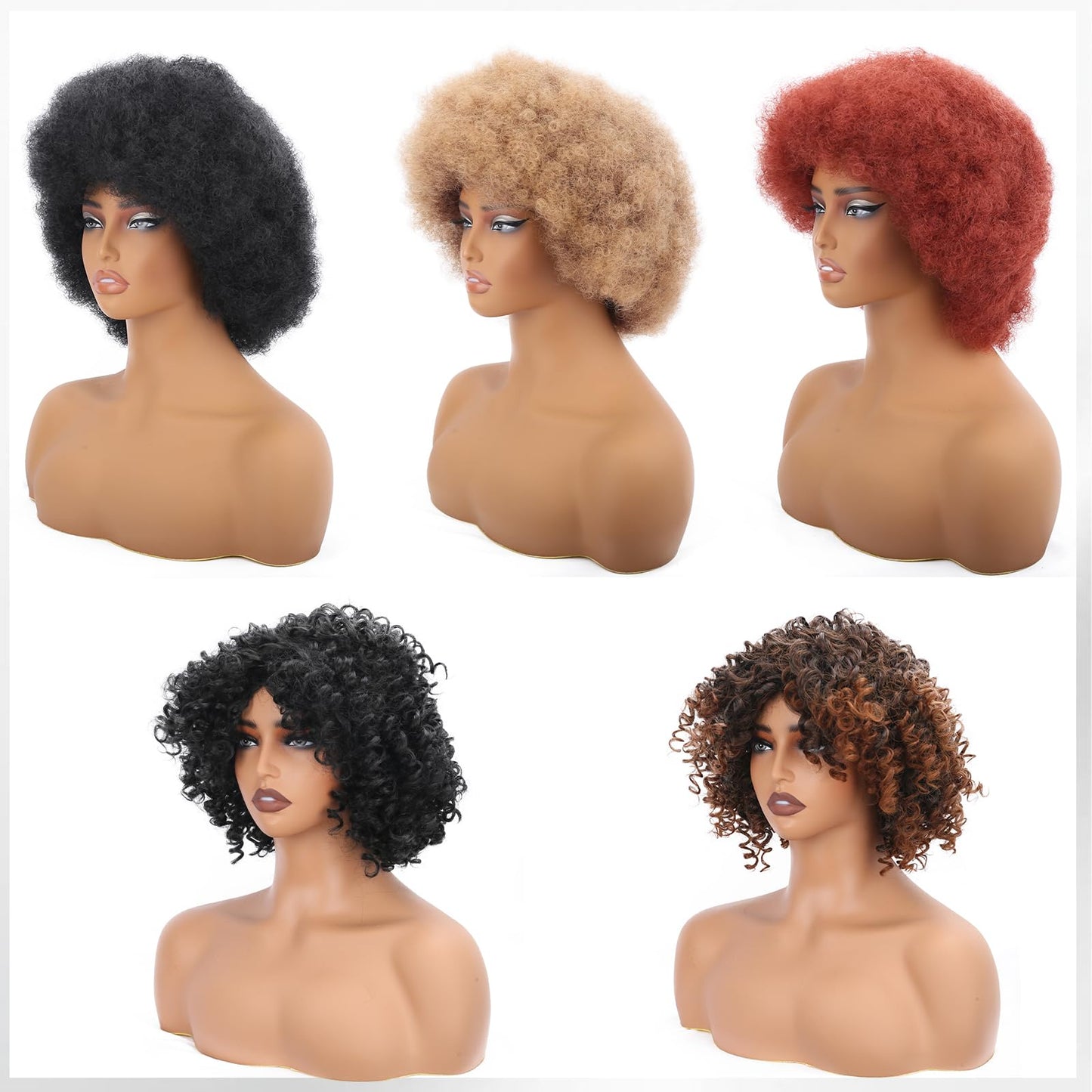 ihkwlma Afro Kinky Curly Wigs for Black Women Glueless Synthetic Short Curly Afro Wig with Bangs Ombre Brown 12 Inch