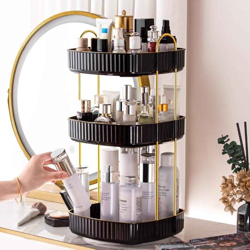 360° Rotating Makeup Organizer, Spinning Bathroom Organizer Countertop, Large Capacity Cosmetics Skincare Organizer for Bathroom Vanity Dresser Table (Black, 3 Tiers)