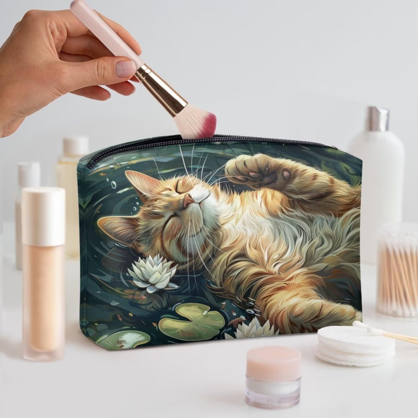 ELEDIZI Cute Sleeping Cat Makeup Bag for Purse Travel Toiletry Bag for Women Carry On Pu Leather Cosmetic Bags for Women Waterproof Makeup Brush Pouch Travel Size Essential Storage Bag for Phone,Card